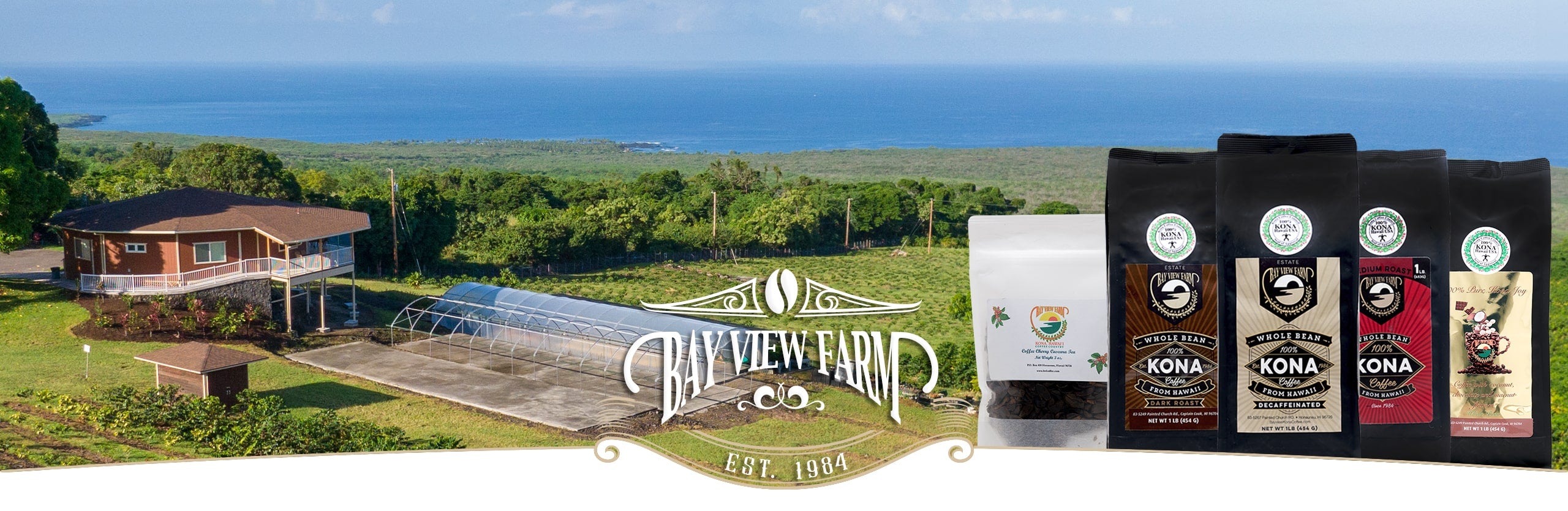 bay view farm with some of products and logo. text: bay view farm est 1984