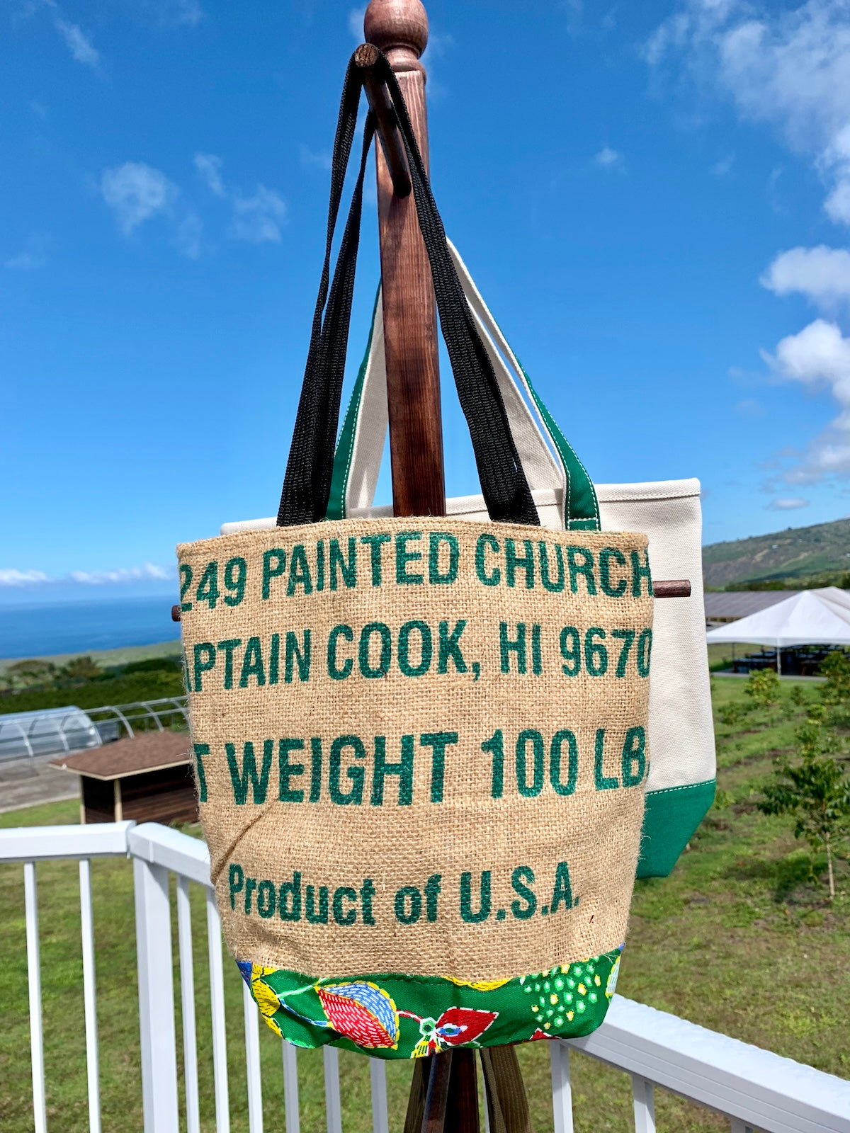 Burlap Bag Tote featuring The Bay View Coffee Farm address in large print and floral design on the bottom